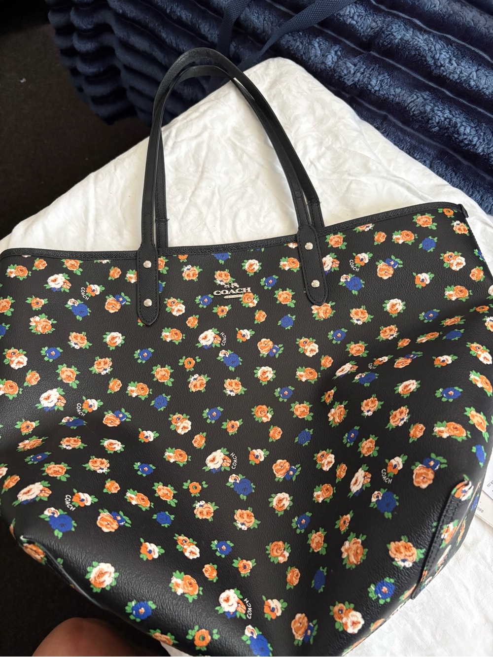 Coach Reversible City Black Floral Tote with Orange and Blue Accents